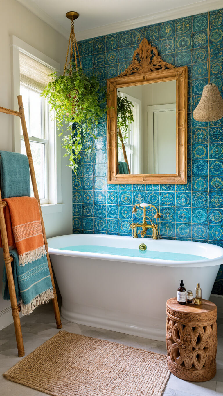 Boho-style bathroom with clawfoot tub, peacock blue Moroccan tile wall, rattan towel ladder, brass fixtures, hanging plants, and soft natural light reflecting in mirror.