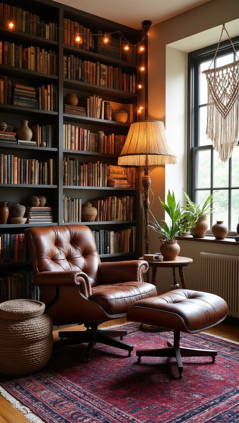Cozy reading nook with vintage leather armchair, ottoman, eclectic bookshelf, layered rugs, and warm ambient lighting.