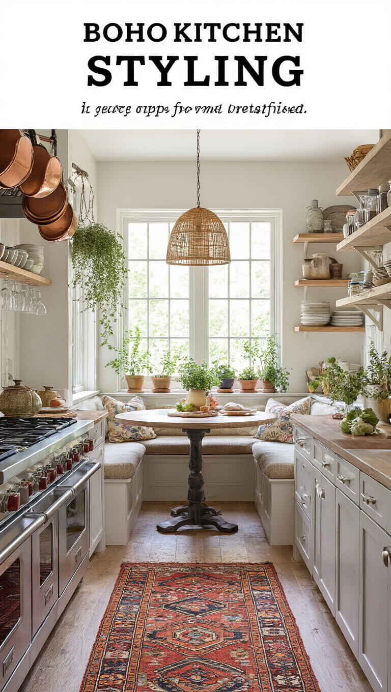 Boho-style kitchen with open shelving, hanging copper pots, vintage runner, rattan pendant lights, and built-in breakfast nook.