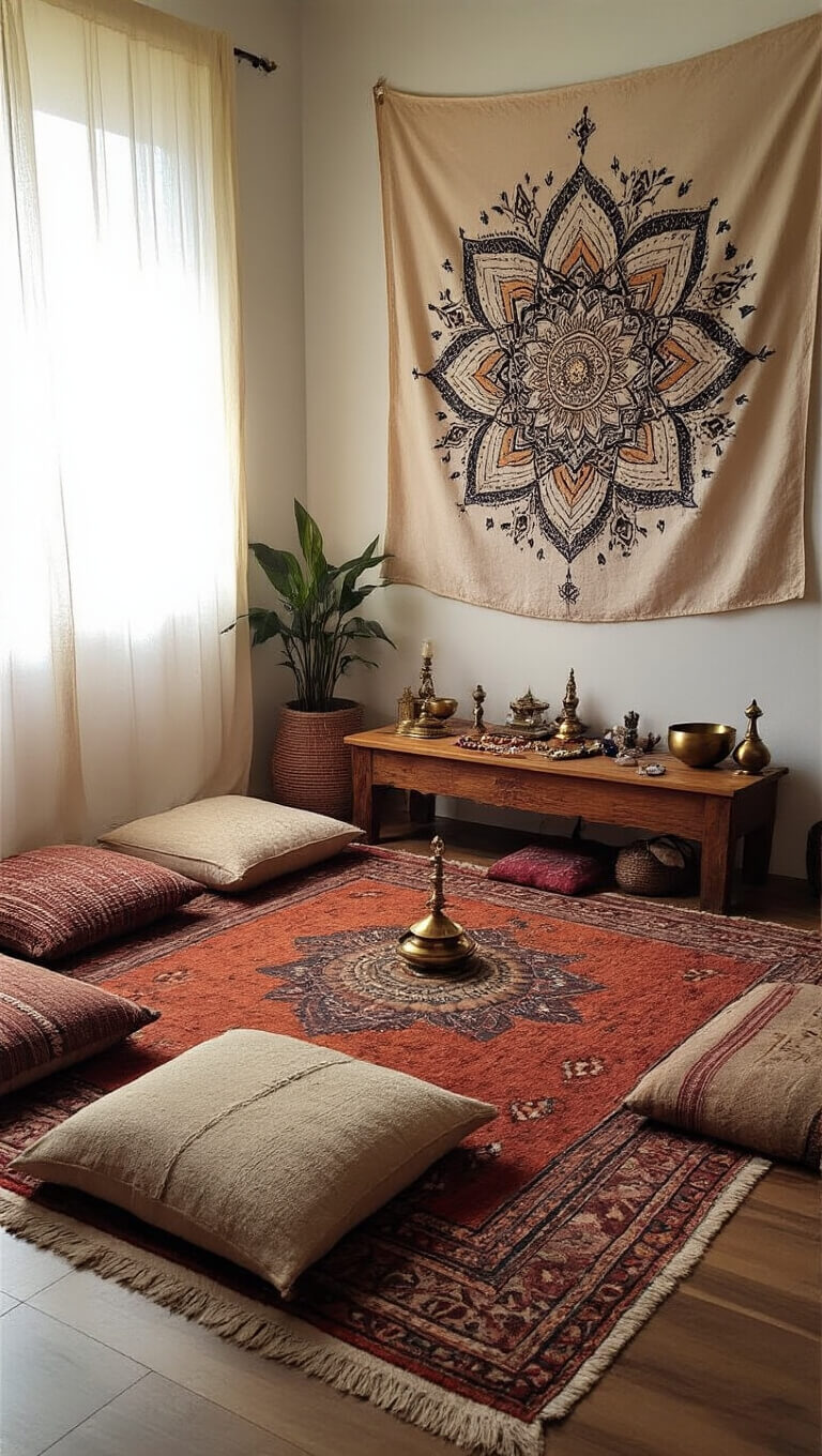 Cozy meditation corner with floor cushions on a vintage rug, low altar table holding crystals and incense, mandala tapestry backdrop, and diffused natural light through sheer curtains.