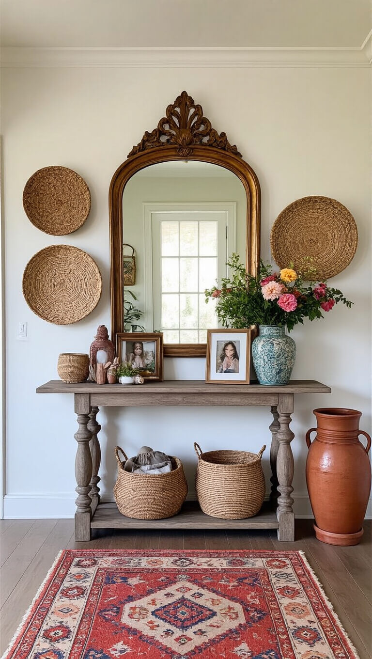 Boho entryway with vintage mirror, console table decor, vibrant runner, and woven wall baskets.