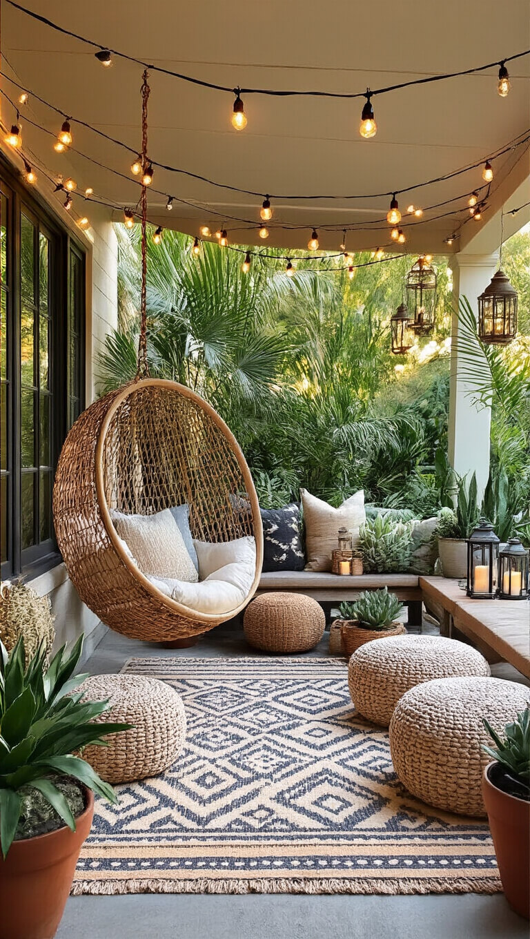 Outdoor boho lounge on a covered patio with rattan chair, poufs, layered rugs, string lights, lanterns, and potted plants at golden hour.