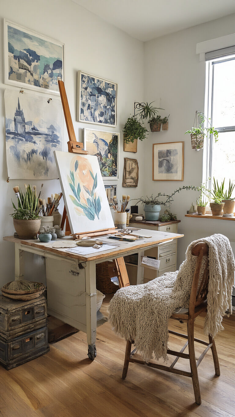 Overhead view of a light-filled 10x12ft artist's studio with easel, drafting table, gallery wall, vintage filing cabinet, paintbrushes in ceramic holders, and cozy wooden chair with textured throw.