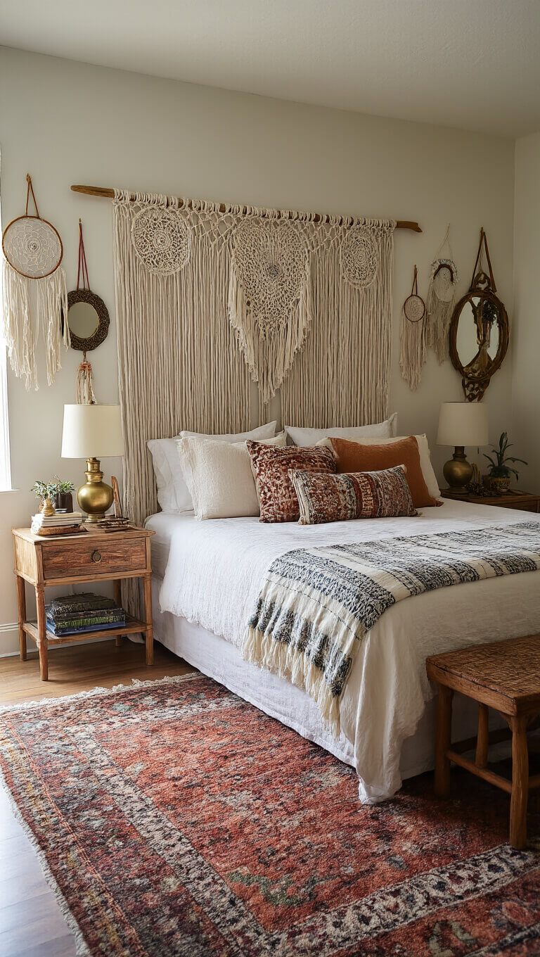 Boho guest room with queen bed, macramé headboard, global textiles, vintage lamps, and eclectic wall decor in soft evening light.