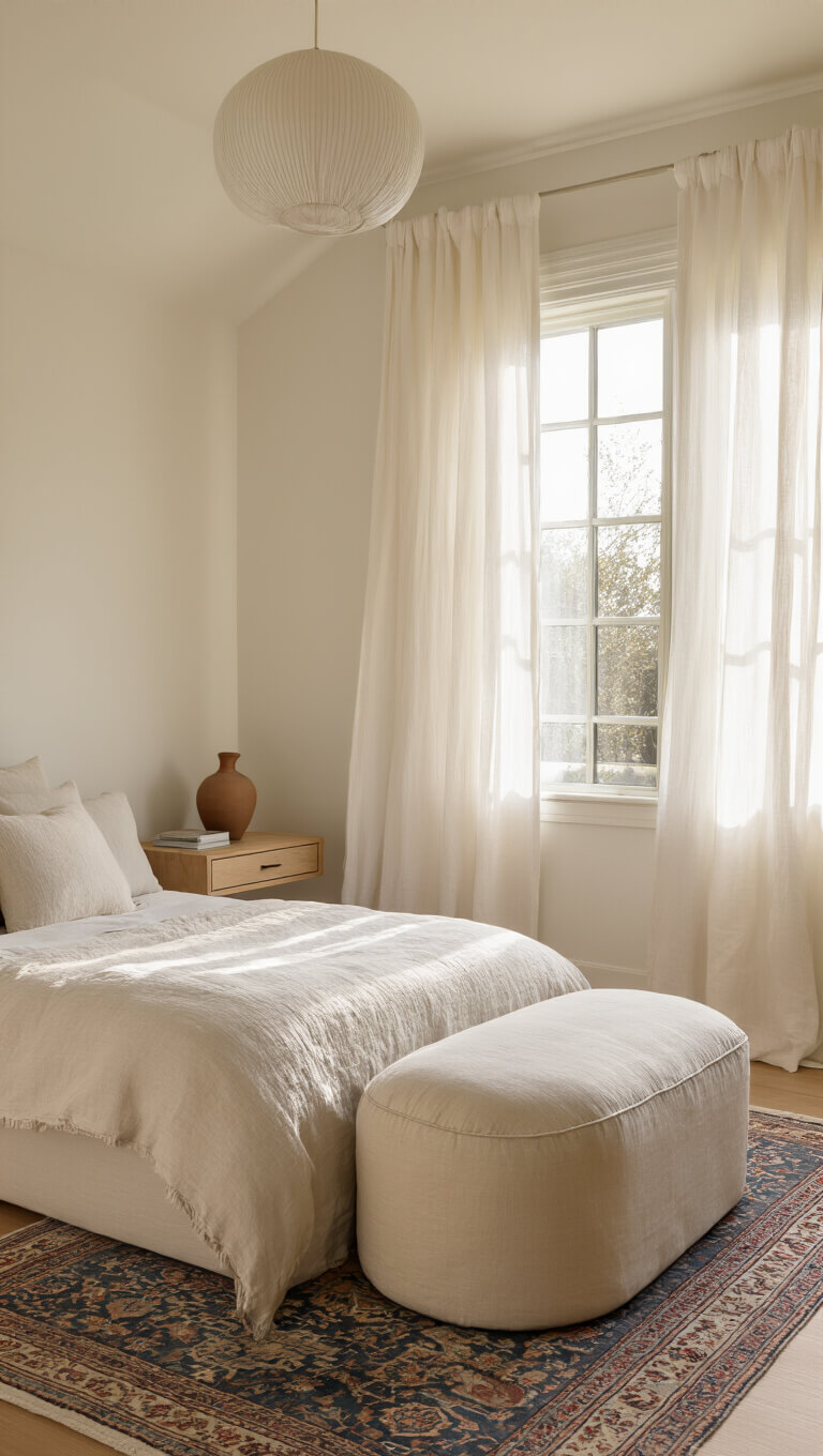 Cozy 10x12' bedroom at golden hour with cream linen ottoman bed, warm light through sheer curtains, white walls, floating nightstand with vase, and vintage blue Persian runner.