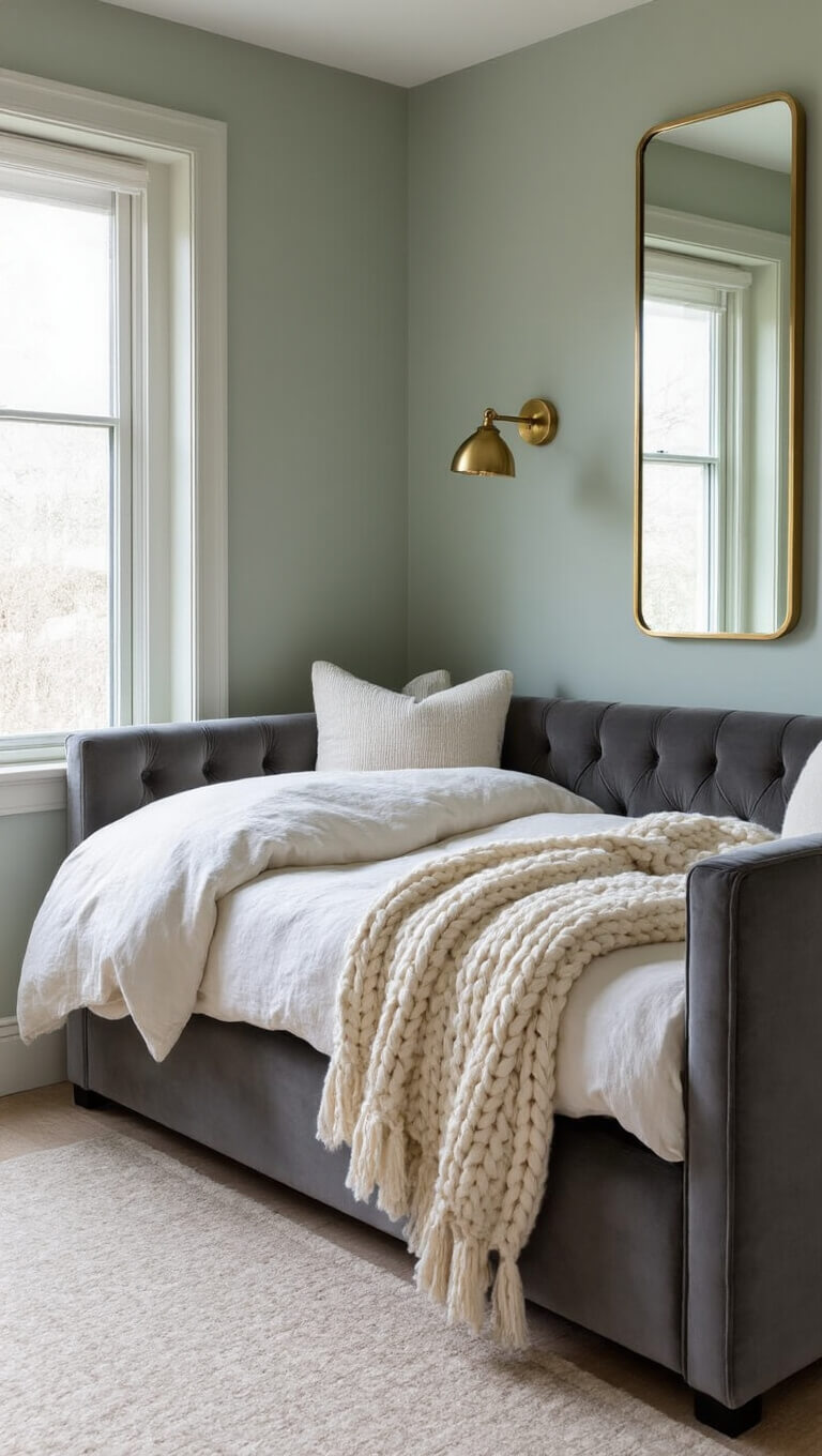 Cozy corner bedroom with charcoal velvet daybed against sage green walls, ivory linens, cream knit throw, brass reading light, mirror reflecting window, and soft ambient LED lighting.