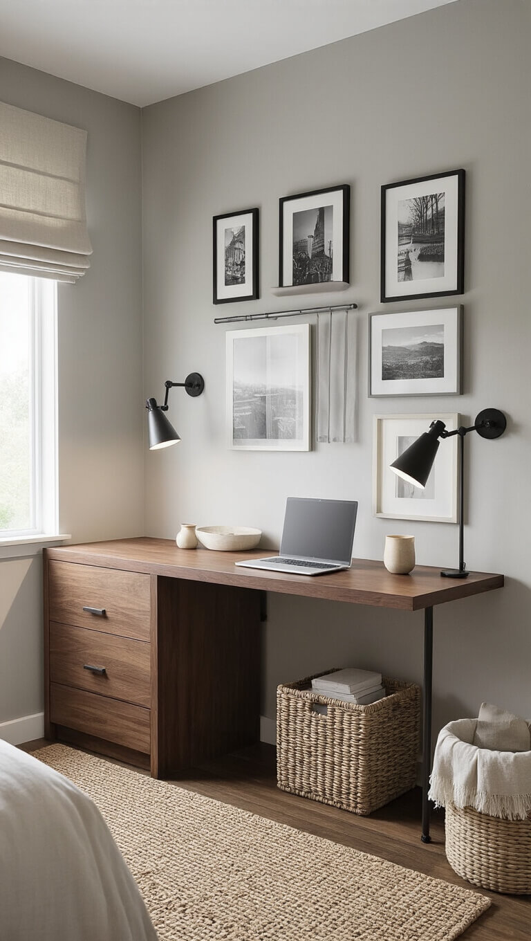 Bed-level view of a dusk-lit bedroom featuring a walnut console-desk with laptop and ceramics, black and white photo gallery above, sisal rug, linen roman shade, woven baskets, and soft light from wall sconces.