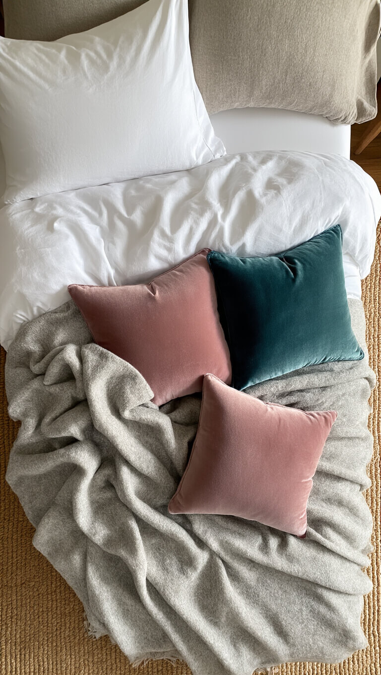 Overhead close-up of layered bedding with white cotton sheets, grey cashmere throw, velvet pillows in dusty rose and deep teal on a jute rug, lit by soft morning light.