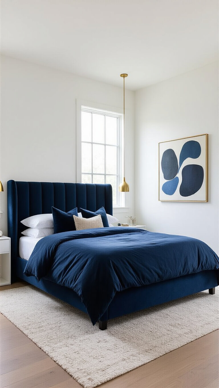 Modern small bedroom with deep navy upholstered headboard, brass wall-mounted lights, abstract art, and clean geometric lines under midday light.