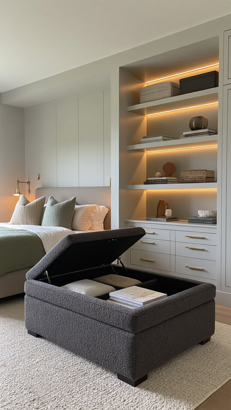 Cozy evening bedroom with charcoal bouclé ottoman at bed end, open to show storage; queen bed framed by lit shelving, styled in neutral tones with sage and rust accents.