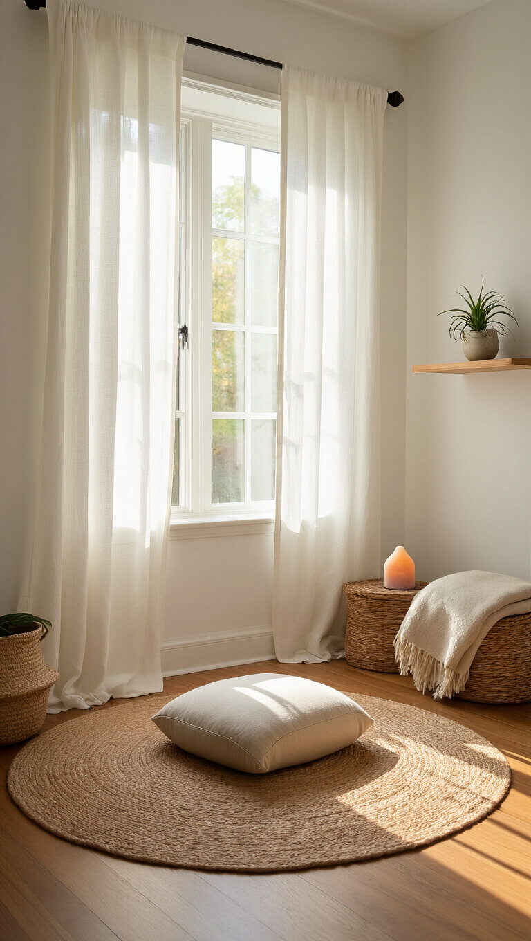 Minimalist Japanese-style meditation room with sunlight filtering through white linen curtains, centered zafu cushion on jute rug, bamboo floors, and floating wooden shelf with diffuser and air plant.