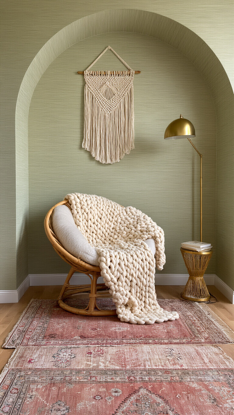 Cozy 6'x8' meditation nook with rattan chair, ivory throw, sage grasscloth wallpaper, layered Persian rugs, brass lamp, and macramé wall hanging, viewed from above at golden hour.
