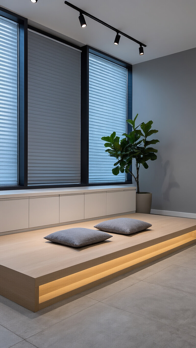 Modern 10'x12' meditation studio at dusk with floor-to-ceiling windows, minimalist decor, a bleached oak meditation platform with gray cushions, concrete floors, and a potted fiddle leaf fig.