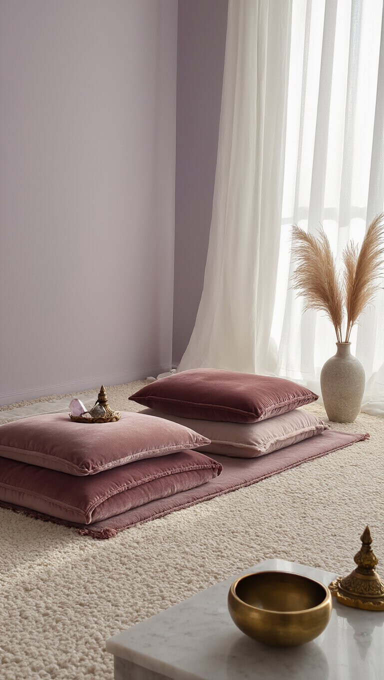 Luxurious bedroom meditation corner with velvet pillows, wool mat, incense, crystals, and soft morning light filtering through gauzy curtains.