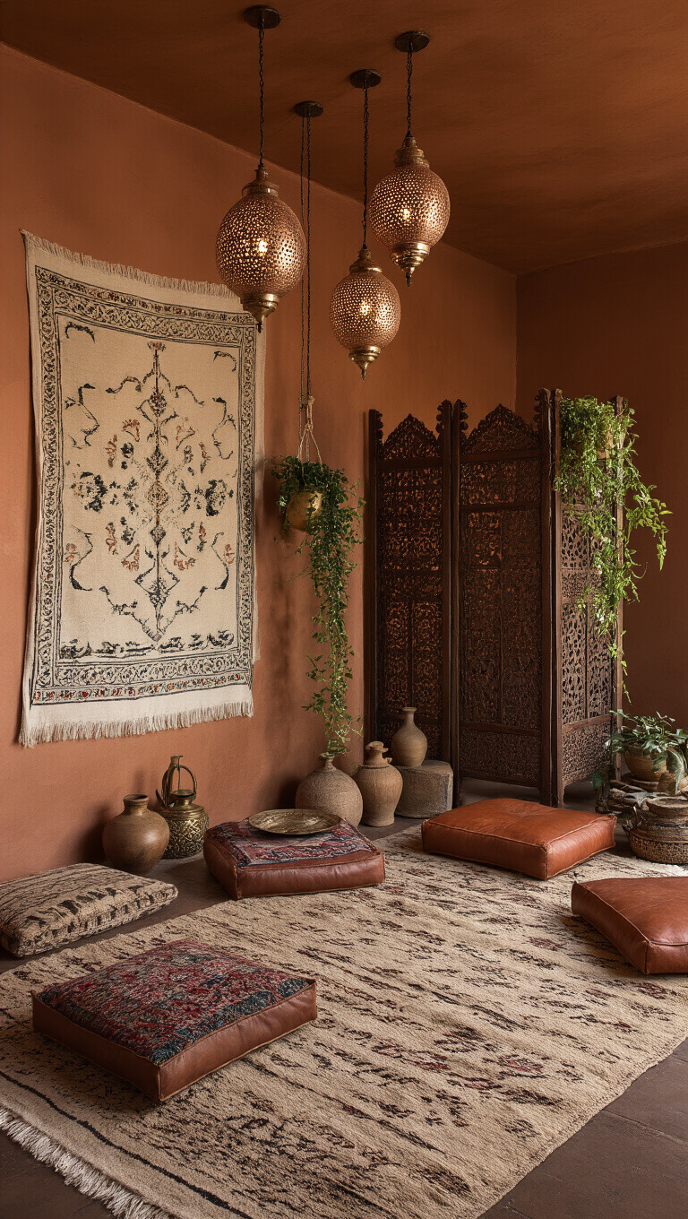 Bohemian 9'x11' meditation room at twilight with Moroccan wall hanging, silk and leather cushions, carved wood divider, copper pendant lights, terra cotta walls, and vintage decor.