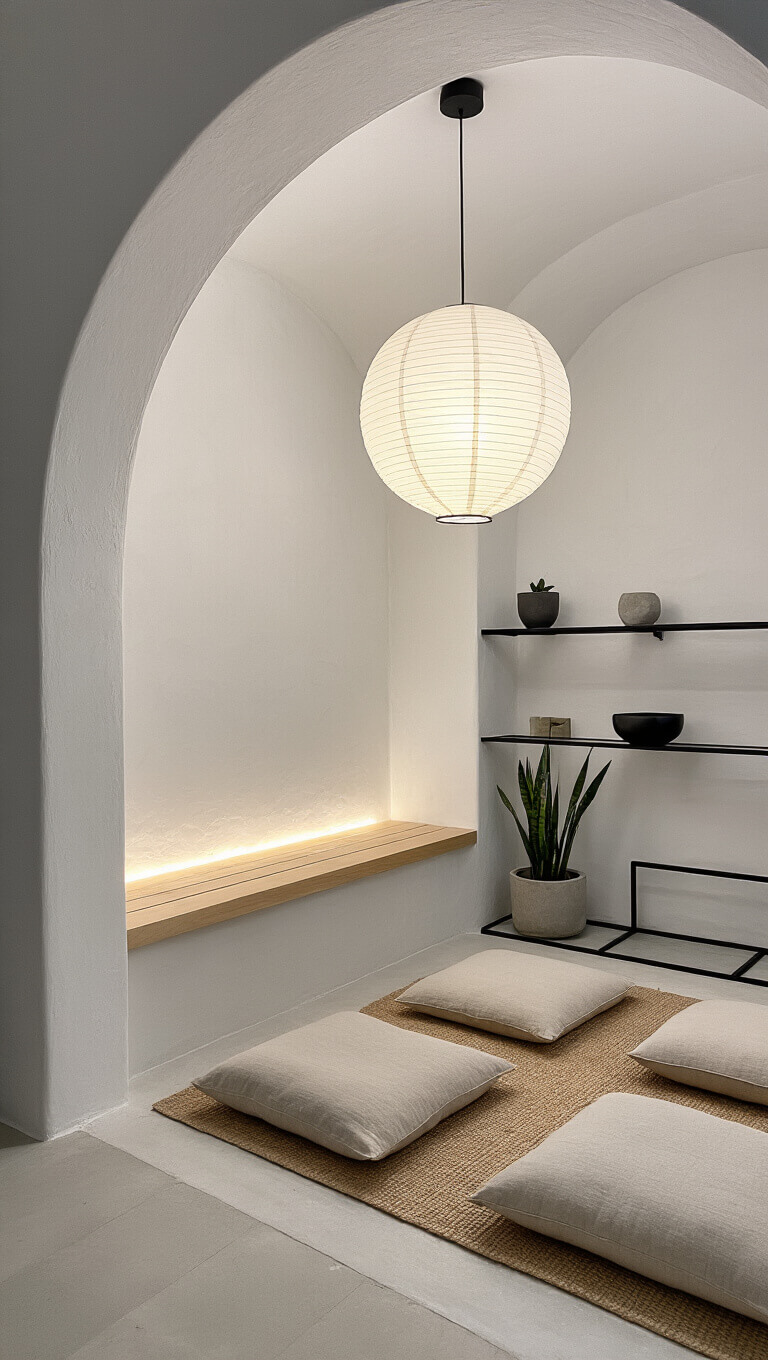 Minimalist 7'x9' meditation space at blue hour with curved archway entrance, bleached oak bench, textured white plaster walls, soft paper lantern lighting, symmetrical linen floor cushions, and black metal shelves displaying a singing bowl and snake plant.