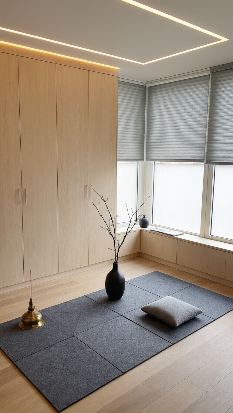 Bird's eye view of modern 8'x10' meditation studio with geometric charcoal gray mat, pale ash wood storage, partial blackout blinds, and minimalist decor.