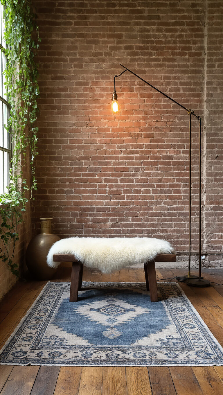 Rustic-modern meditation space with exposed brick, reclaimed wood floors, indigo Persian rug, dark walnut bench with ivory sheepskin, brass vessels, pottery, trailing ivy, and warm Edison bulb lighting.