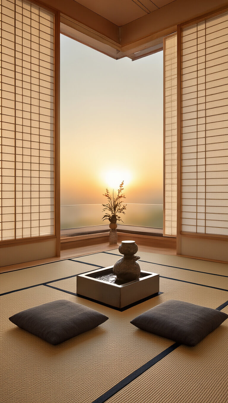 Zen-inspired 10'x12' meditation room with shoji screens at sunset, centered tatami mat and charcoal zabuton cushions, bamboo water fountain, rice paper lanterns, and ikebana arrangement in ceramic vessel.