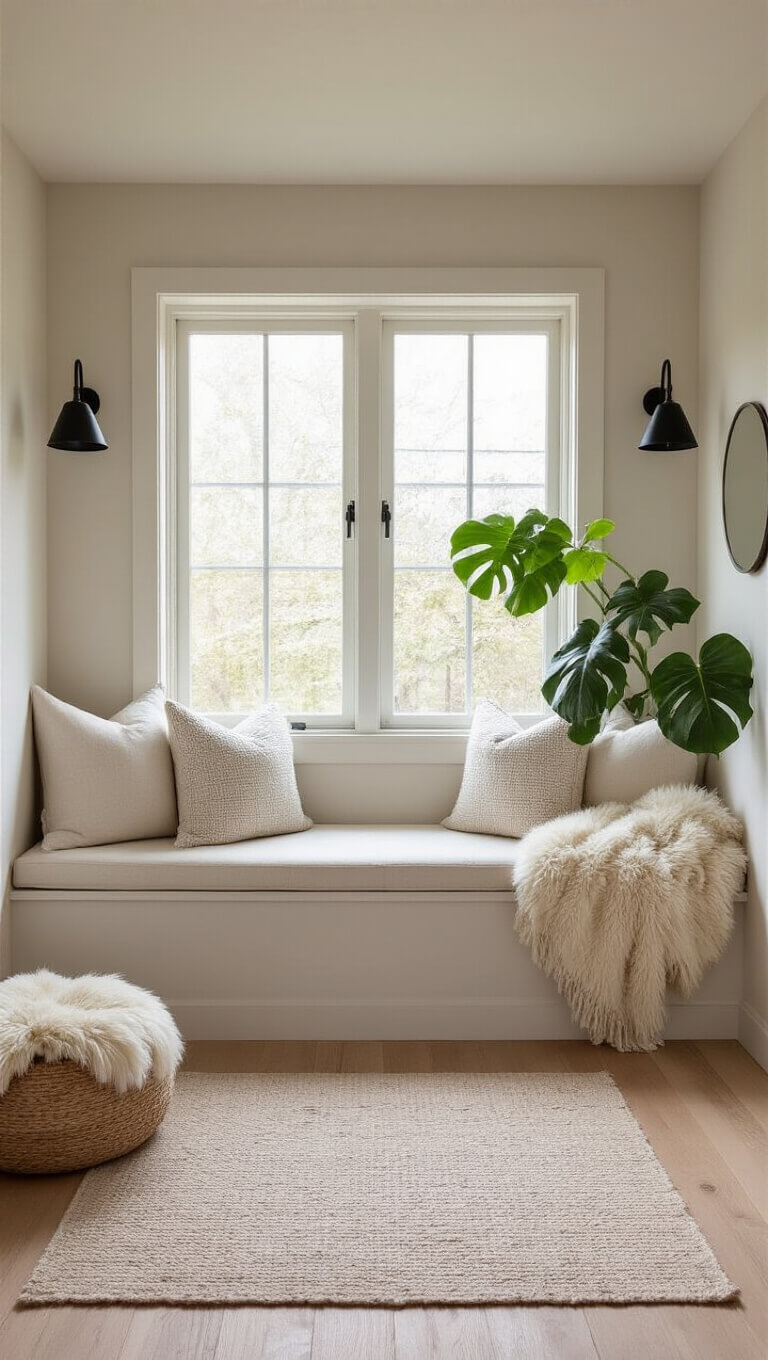 Scandinavian minimal meditation corner with built-in window seat, ivory cushions, oak accents, circular mirror, sheepskin throws, and monstera plant in natural daylight.
