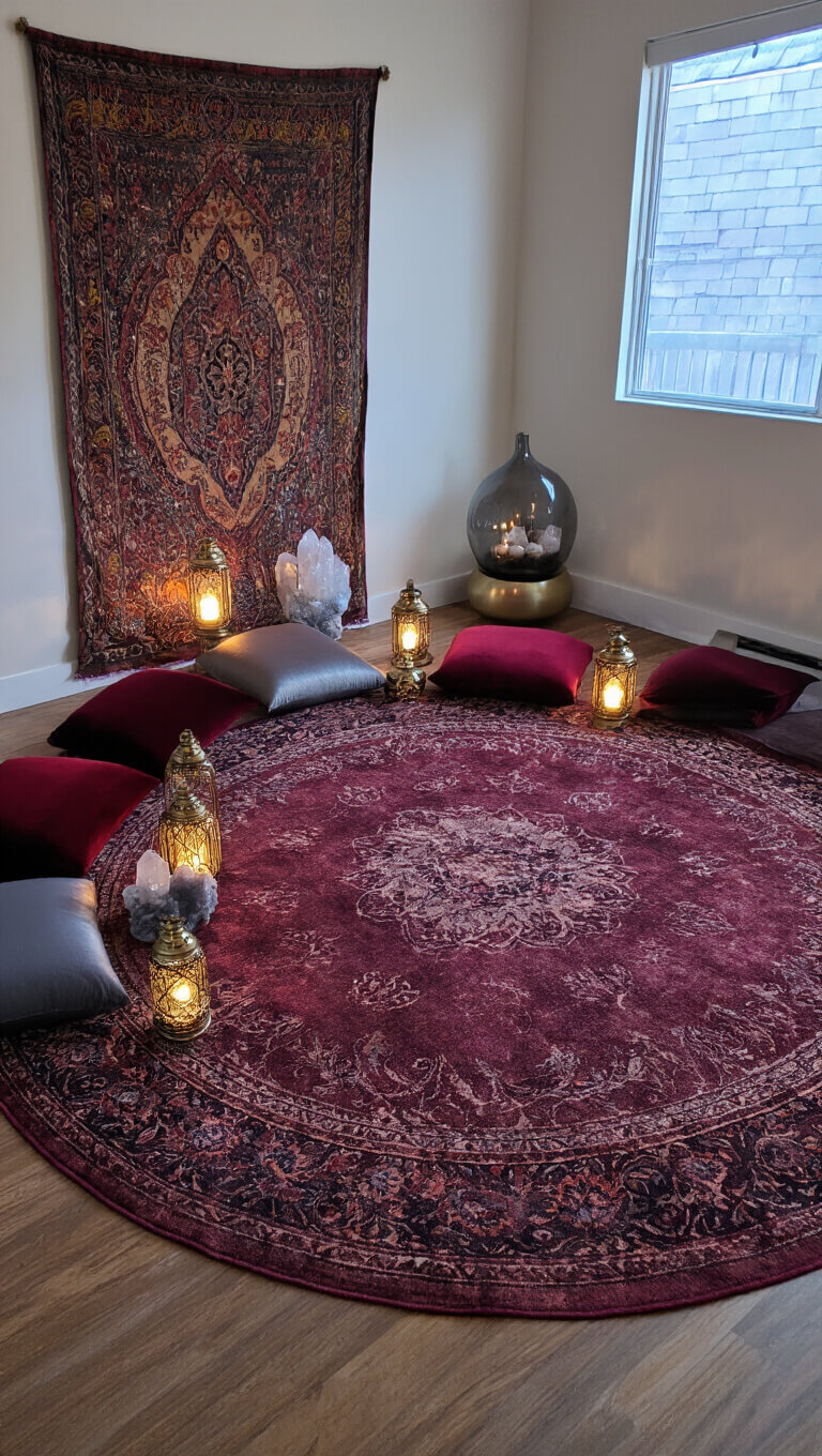 Low-angle view of a 9'x10' meditation room at dawn with a burgundy vintage rug, brass lanterns, jewel-toned tapestry, velvet and silk cushions in a ceremonial layout, and crystal accents creating a moody, sacred ambiance.
