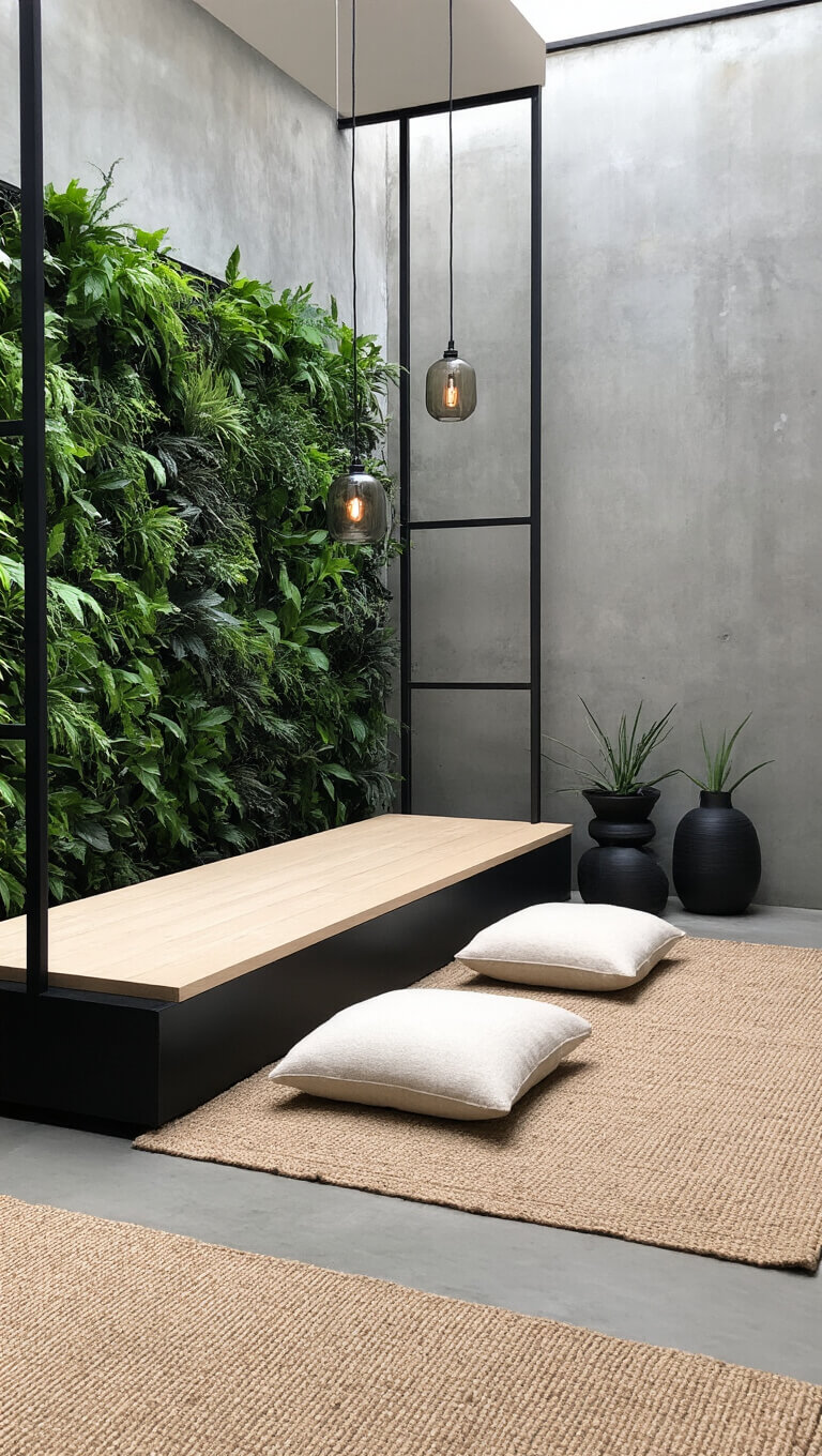 High-angle view of an 8'x9' urban meditation space with blackened steel and white oak platform, natural wool floor cushions, vertical garden wall, smokey glass pendant lights, jute rug, and minimal black ceramics.