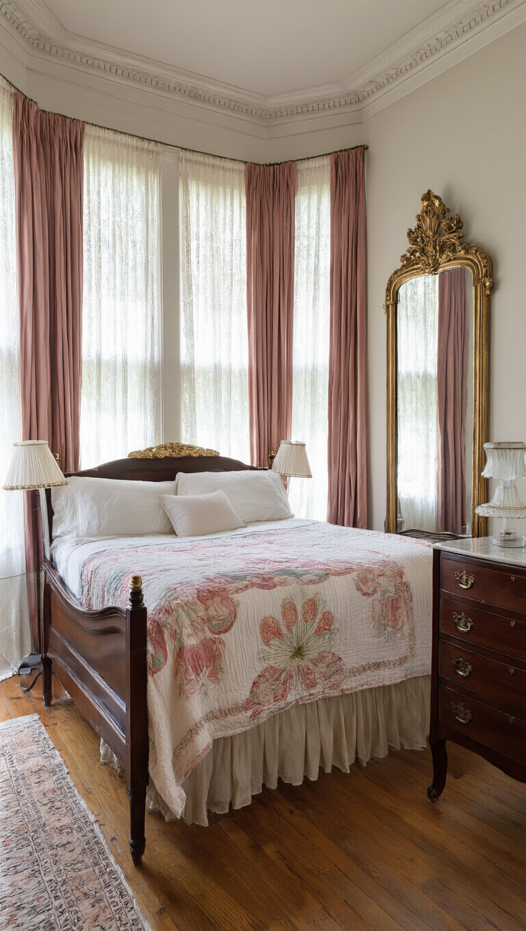 Vintage sunlit bedroom with mahogany bed, butterfly quilt, lace and velvet drapes, and Victorian furnishings.
