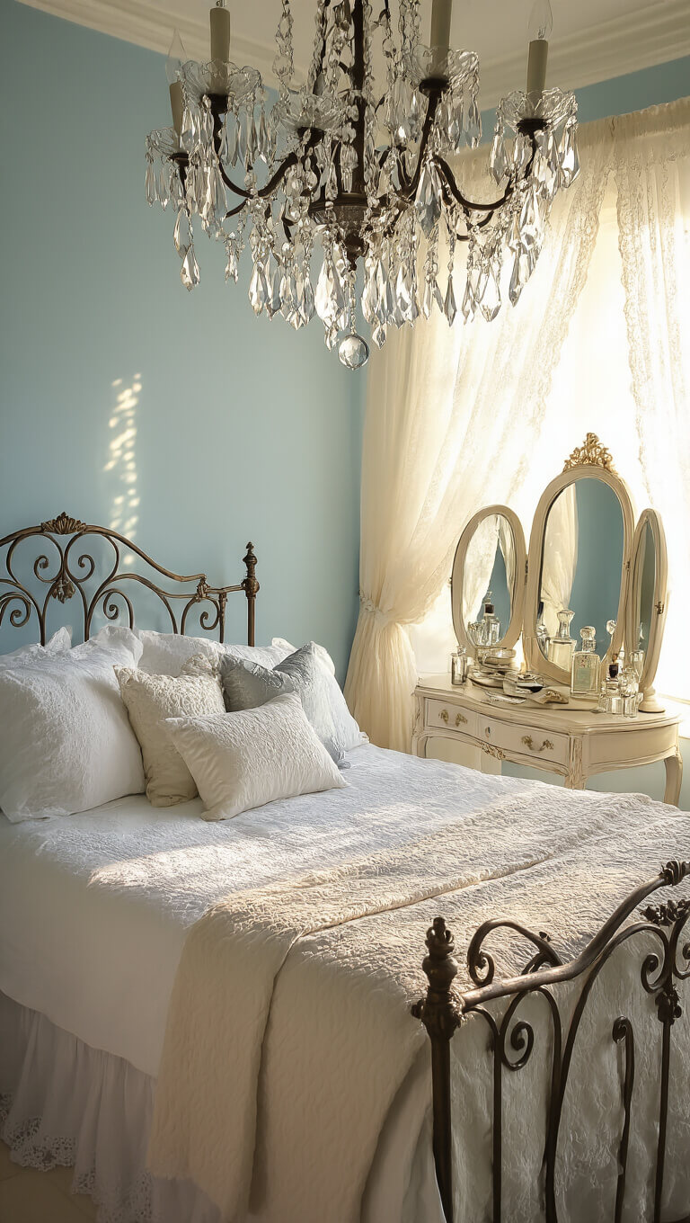 Vintage boudoir with crystal chandelier, antique iron bed, and French vanity bathed in golden hour light.
