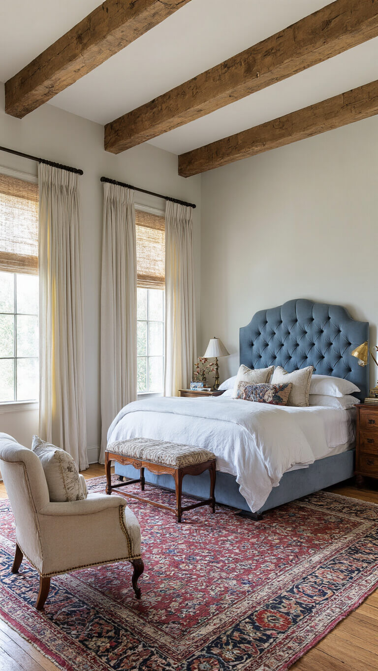 Vintage master bedroom with exposed wooden beams, tufted slate blue headboard on king bed, layered drapes, antique rug, and burled wood nightstands under morning light.