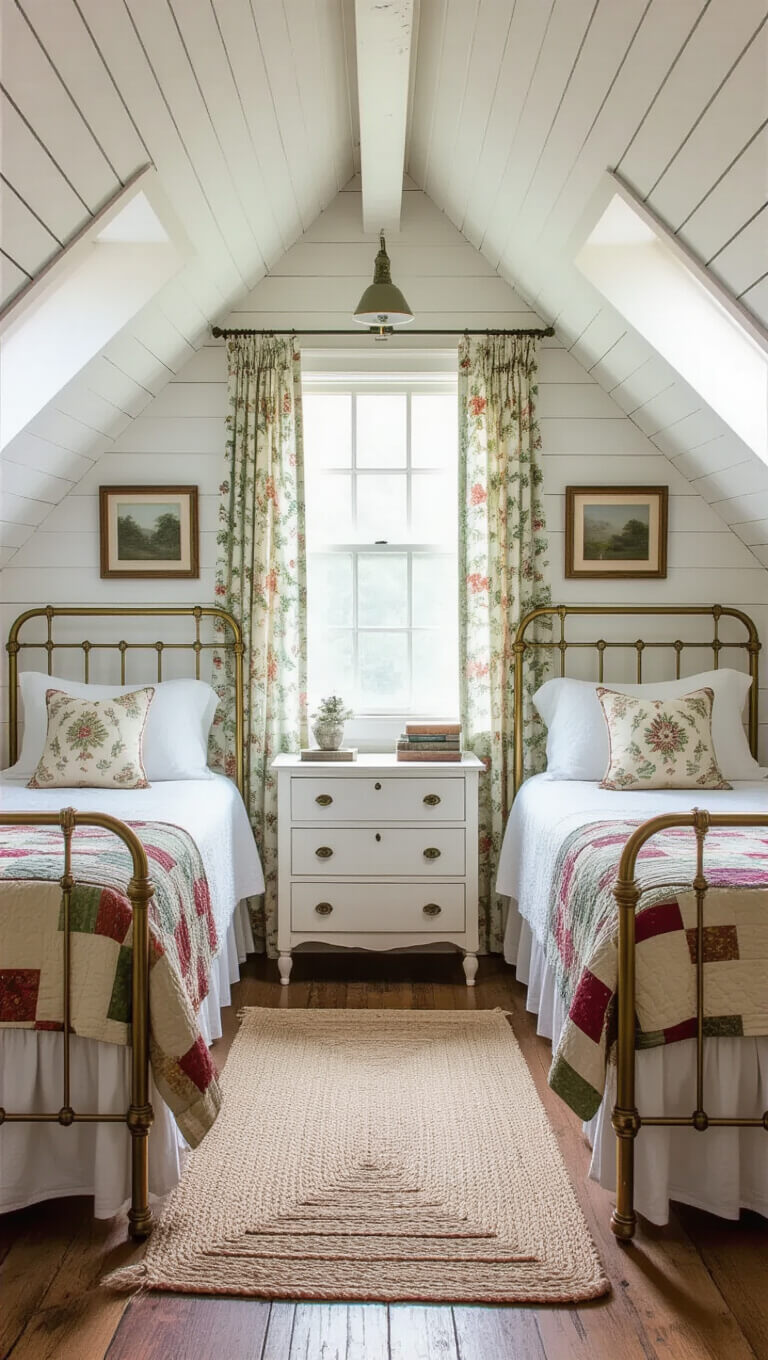 Vintage attic guest room with twin brass beds, white linens, botanical curtains, vintage quilts, and braided rugs under angled ceiling.