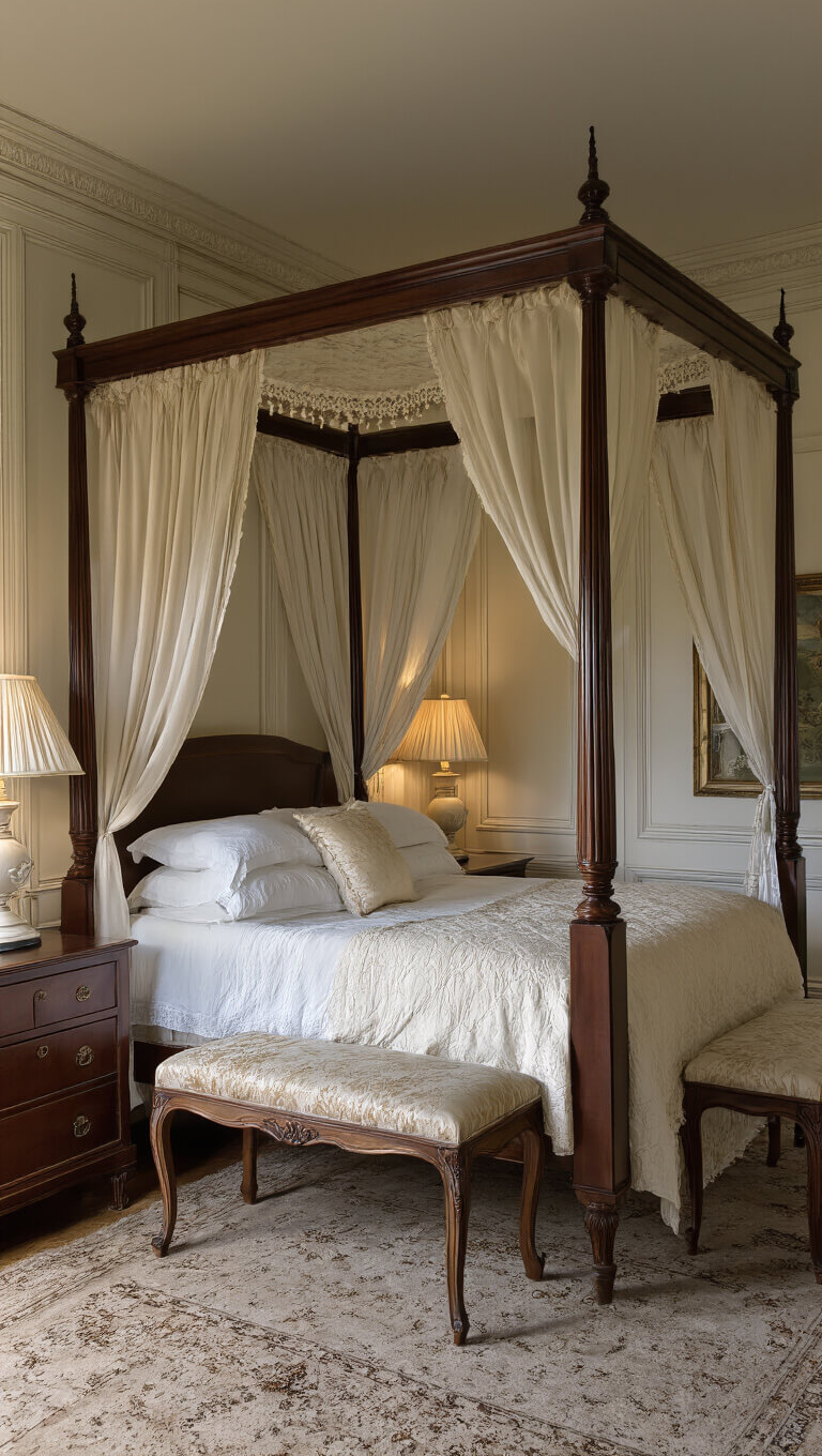 Vintage primary suite with four-poster bed, champagne silk curtains, and moody twilight lighting.