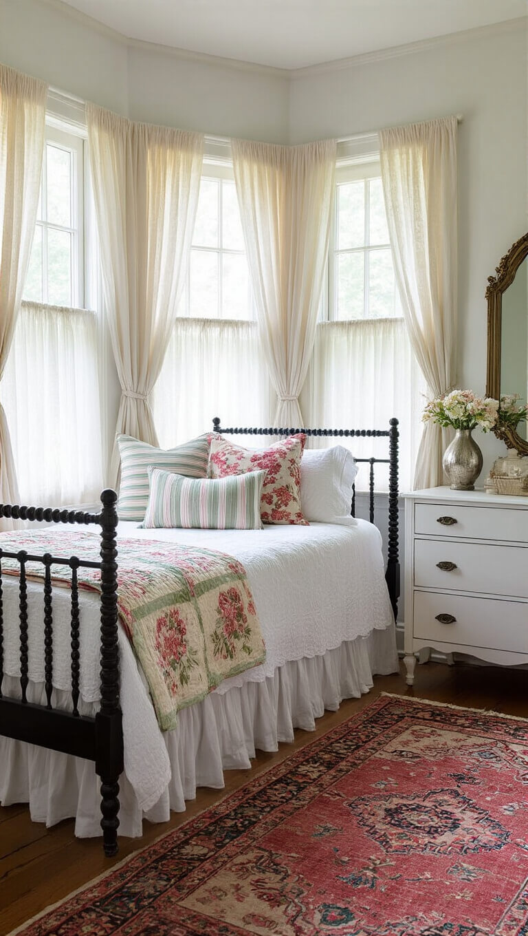 Vintage-inspired bedroom with bay window nook, black Jenny Lind bed, floral quilt, white vanity, layered oriental rugs, and soft natural light ambiance.
