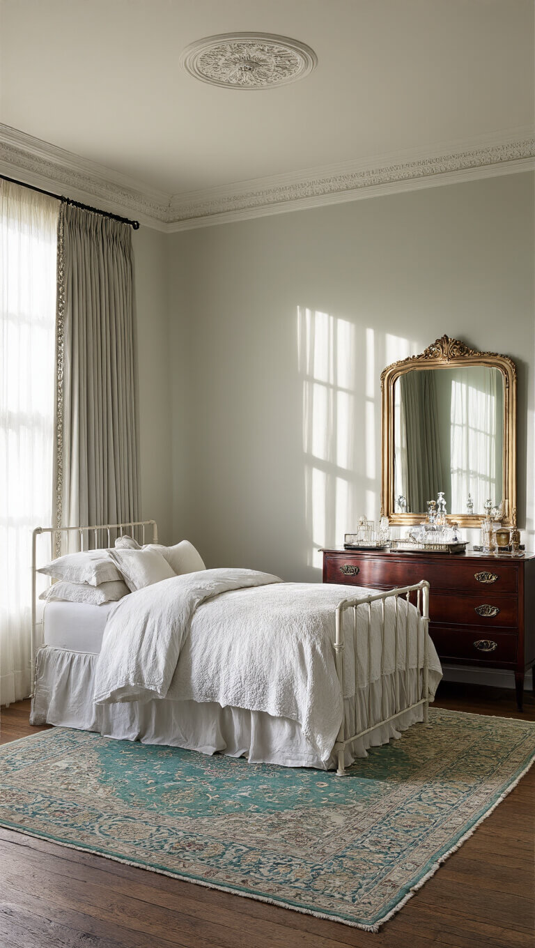Vintage bedroom with antique white iron bed, pearl gray drapes, early sunlight casting shadows, Art Deco dresser with crystal perfume bottles, and overdyed Persian rug on wide plank floors.