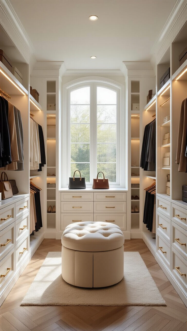 Luxurious walk-in closet with white cabinetry, gold hardware, central marble island, designer handbags, and color-coordinated clothing, lit by natural light and warm LED lighting.