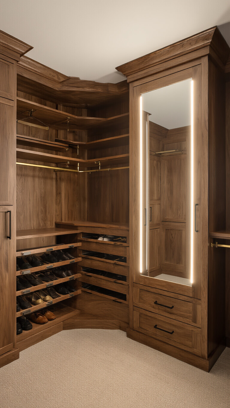 L-shaped walnut closet with glass shoe shelves, backlit mirror, and brass valet rods illuminated by warm golden hour lighting.