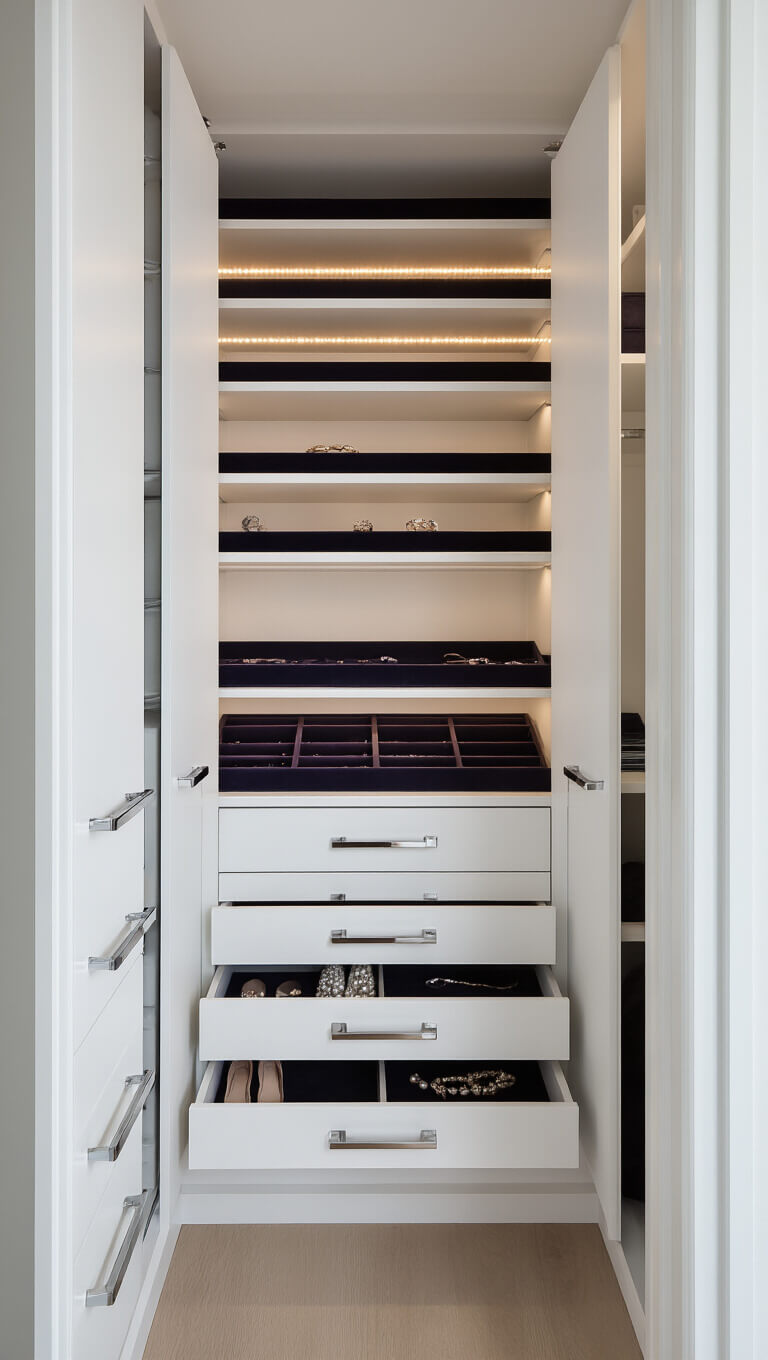 Minimalist 5'x7' walk-in closet with white lacquer cabinetry, chrome hardware, and organized accessories under natural and LED lighting.