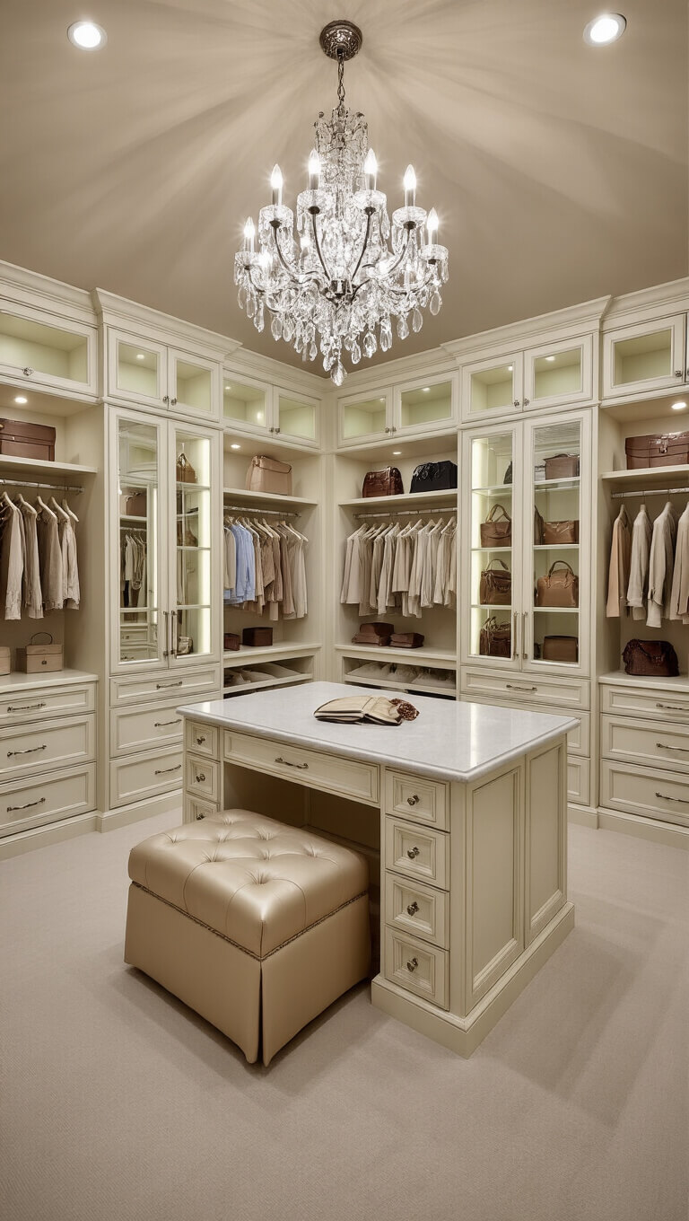 Luxury 12'x15' dressing room with cathedral ceiling, crystal chandelier, custom ivory cabinetry, quartz island, glass-doored handbag display, and evening lighting ambiance.