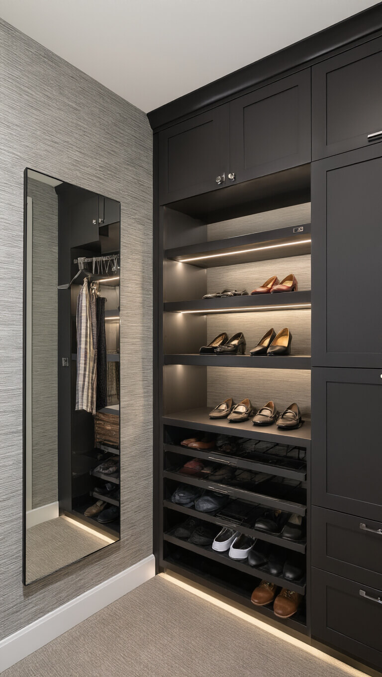 Modern walk-in closet with dark charcoal cabinetry, LED-lit floating shelves, and built-in storage features including pants racks and tie organizers.