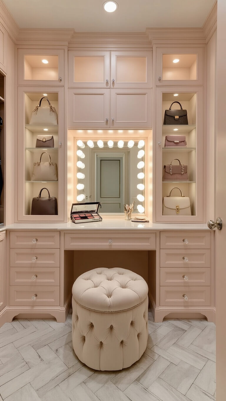 Boutique-style feminine closet with blush cabinetry, crystal knobs, glass-front illuminated shelves, center vanity island, cream velvet ottoman, and herringbone marble floors in soft morning light.