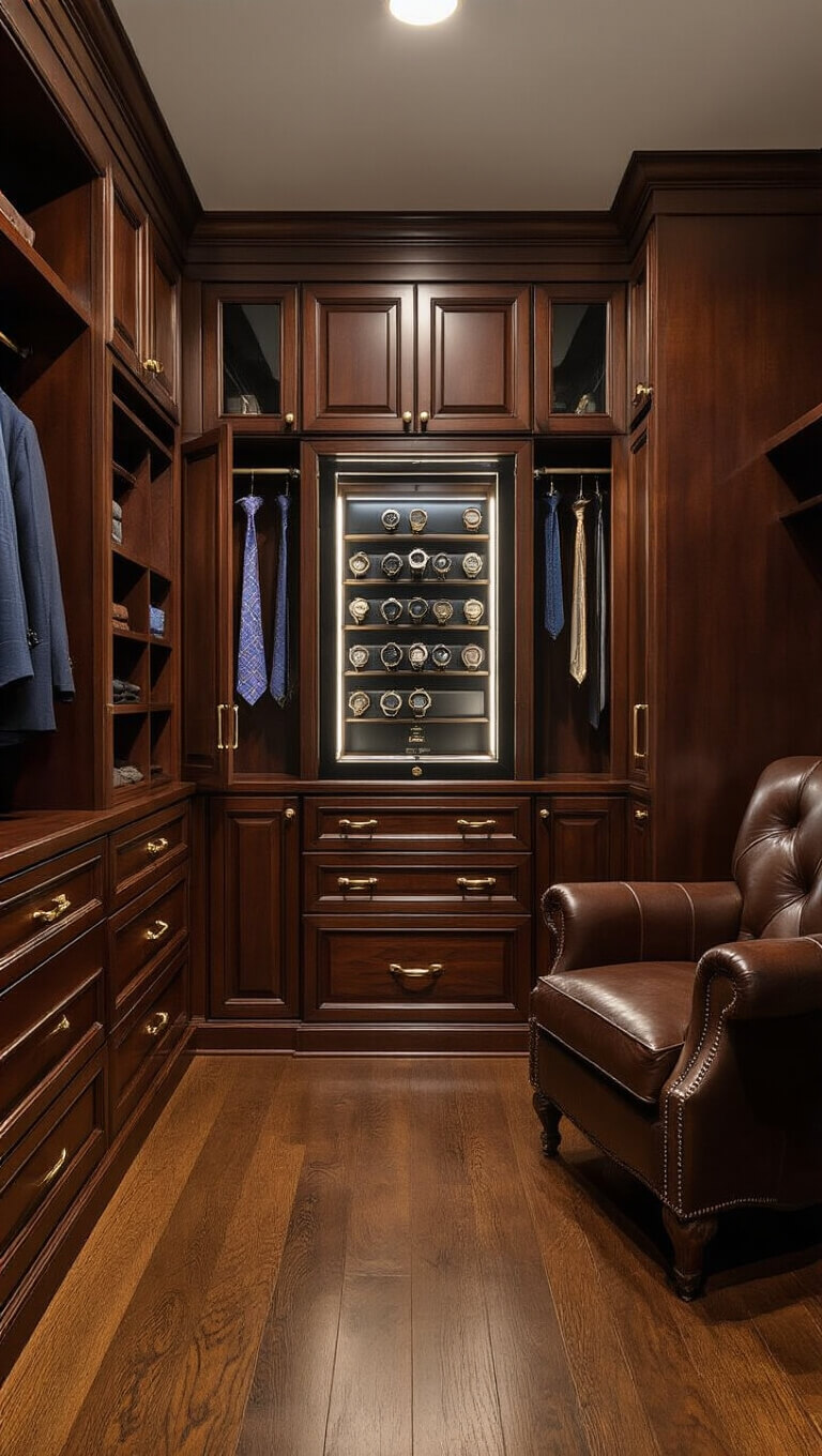 Elegant 10'x14' gentleman's closet at twilight with mahogany cabinetry, LED-lit watch display, glass-front tie organizer, leather club chair, and wide-plank oak flooring.
