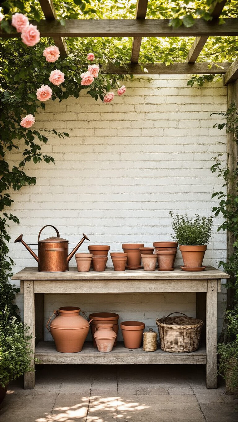 Vintage wooden potting bench with copper watering cans, aged terra cotta pots, and antique gardening tools in warm afternoon light framed by pink 'New Dawn' roses.