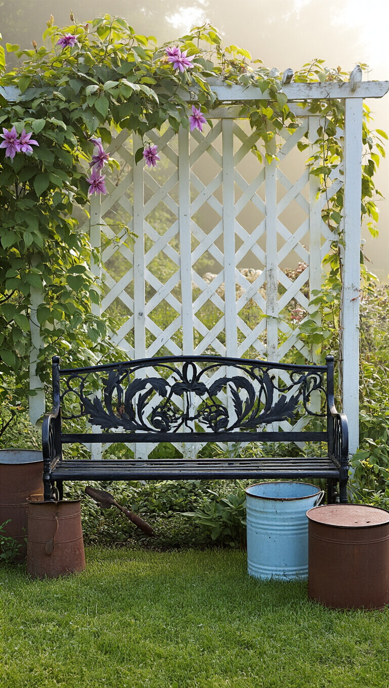 Antique black wrought-iron bench in cottage garden with clematis-draped trellis, metal containers, vintage tools, and morning fog lighting.