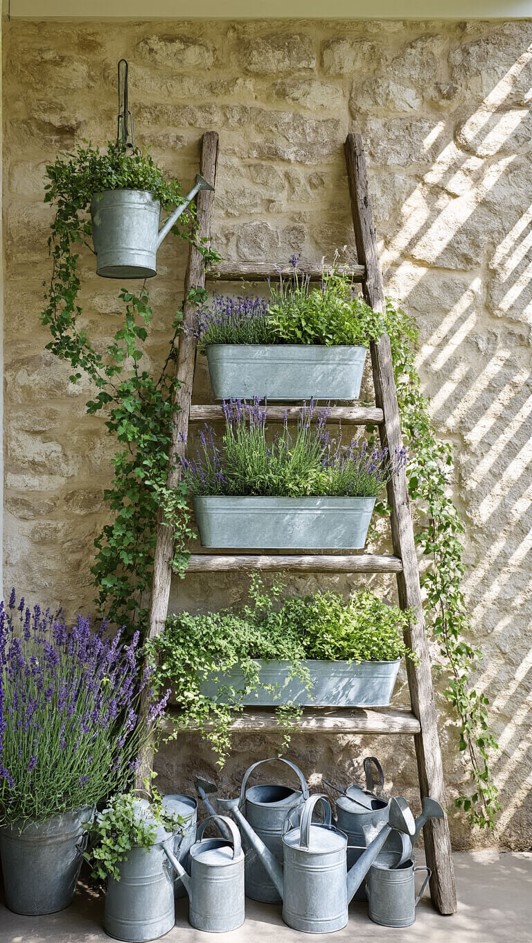 Farmhouse entry garden with reclaimed wooden ladder holding vintage zinc planters, lavender and ivy below, in morning light against a stone wall.