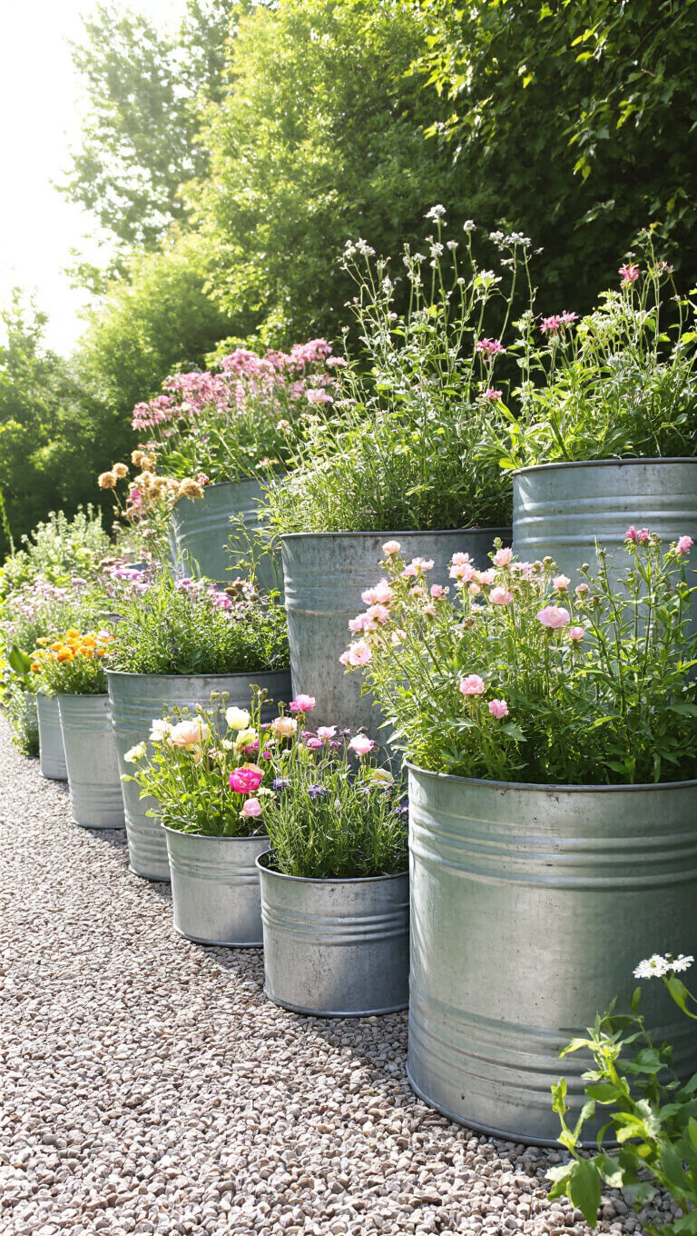 Vintage galvanized tubs with pastel cottage flowers on gravel path under bright midday light