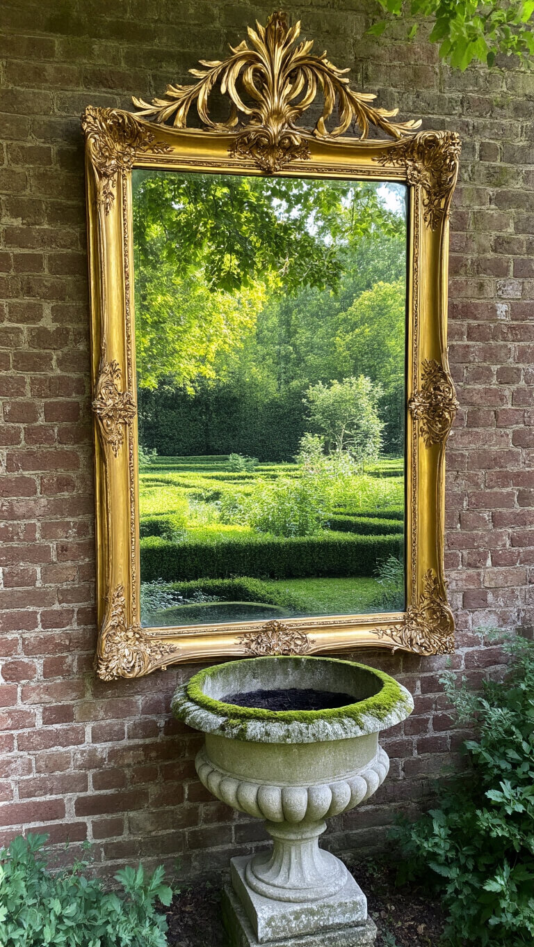 Victorian gilt mirror on mossy brick wall reflecting formal herb garden with boxwoods, framed by stone urns under dappled tree shade.