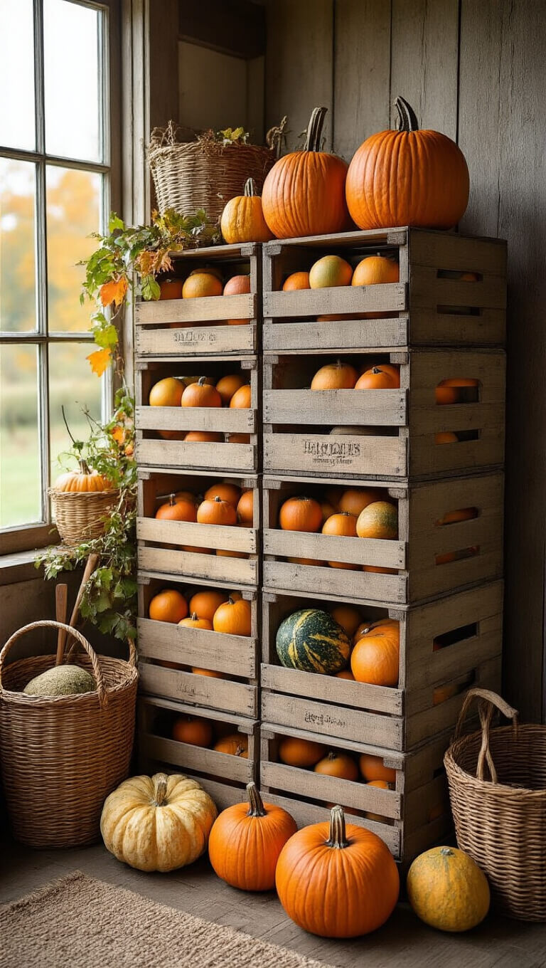 Stacked vintage wooden apple crates with heirloom pumpkins, gourds, antique farm tools, and woven baskets in an autumn harvest display, shot from a low angle.
