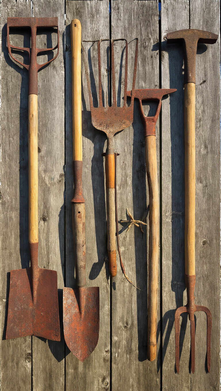 Overhead view of vintage garden tools arranged artistically on a weathered wooden fence panel, with rust details and textured wood highlighted by early morning light.