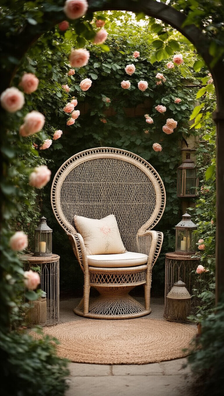 Vintage wicker peacock chair in garden nook with metal plant stands, lanterns, and climbing roses in soft evening light.