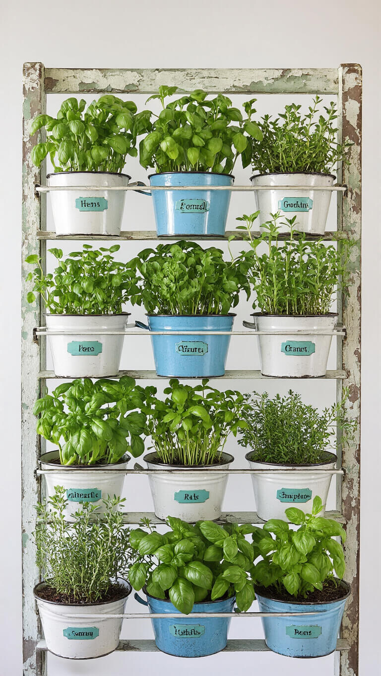 Vintage enamelware containers with culinary herbs on distressed baker's rack, zinc labels, chipped enamel, in bright indirect light.