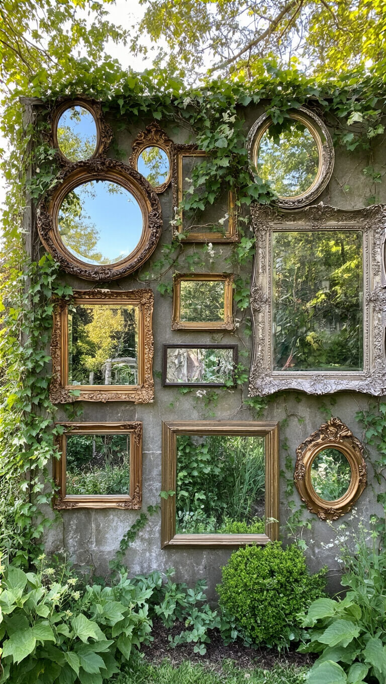 Gallery-style arrangement of vintage mirrors and frames on a garden wall with climbing vines and late morning light reflections.